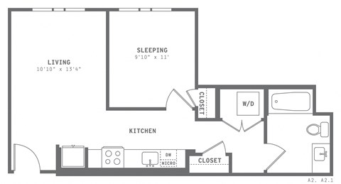 Floor plan for 1 bed, 1 bath, 578 sqft